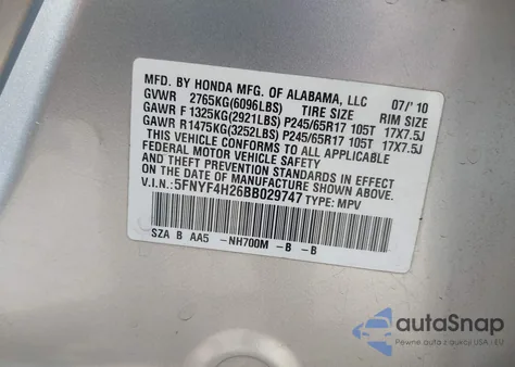 2011 Honda Pilot Lx from USA, damaged, VIN 5FNYF4H26BB029747